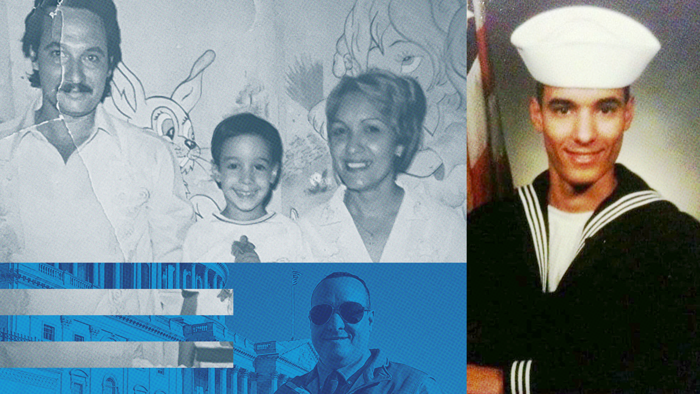 Split screen of Edrys Leyva as a child at left with an photo from his military service at right.