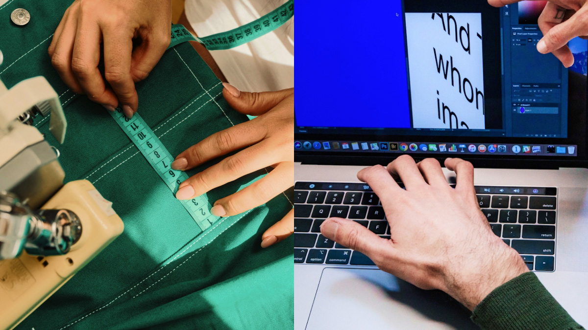 a collage showing someone measuring and someone typing on a laptop