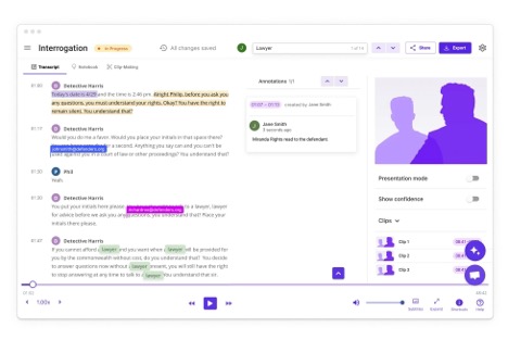 JusticeText harnesses AI to transcribe and analyze critical audio and video evidence, enabling public defenders to pinpoint moments like Miranda warnings and arrest details.