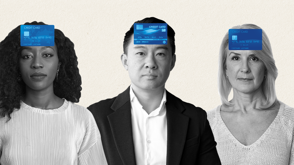 A black and white photo of an African American woman wearing a blouse, Asian man wearing a suit, and blonde, white woman wearing a shirt with blue credit cards above each of their foreheads