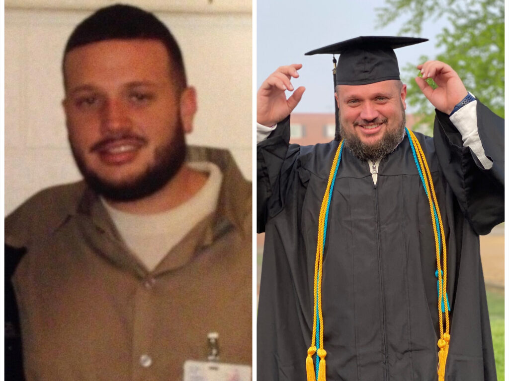 An old photo of Roger Fox next to a newer photo of Roger Fox in a cap and gown