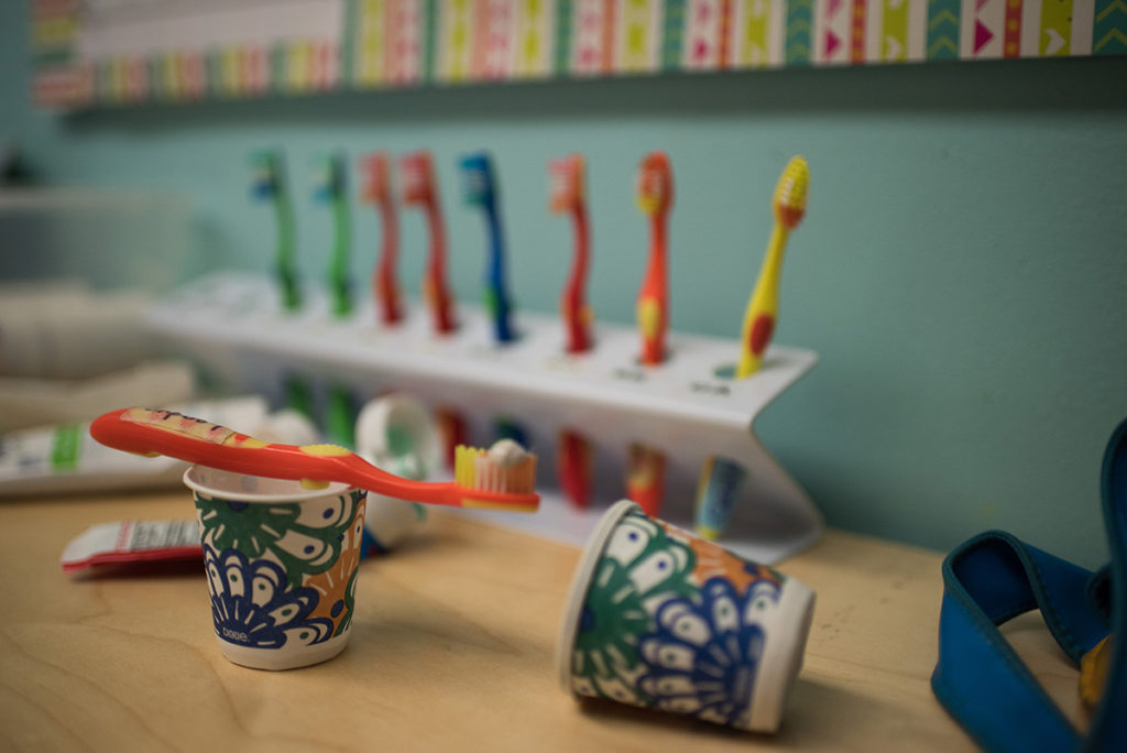 A row of toothbrushes and mini cups