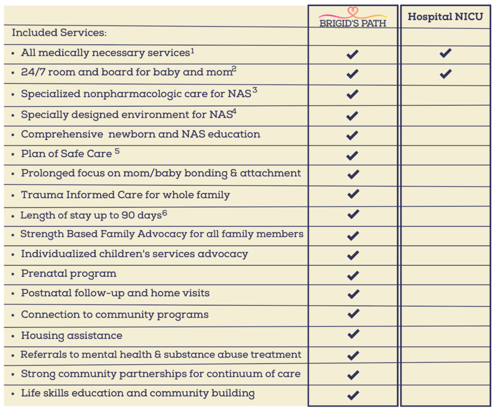 Comparison of Included birth services for Brigid's Path vs. Hospital NICU