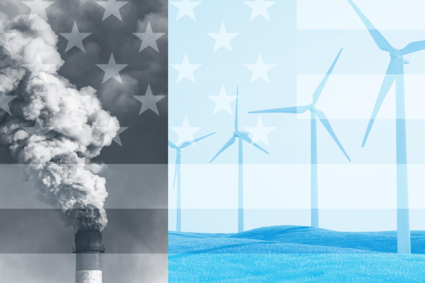 An image of a smokestack and wind turbines overlaid with the American flag