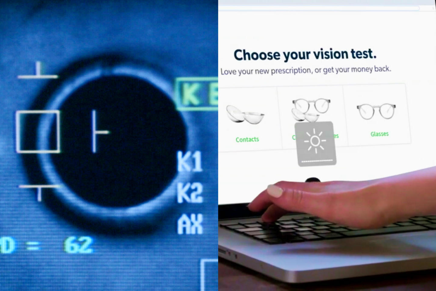On the left is an image of an eye on a screen and on the right is someone using a keyboard on a laptop that says "Choose your vision test"