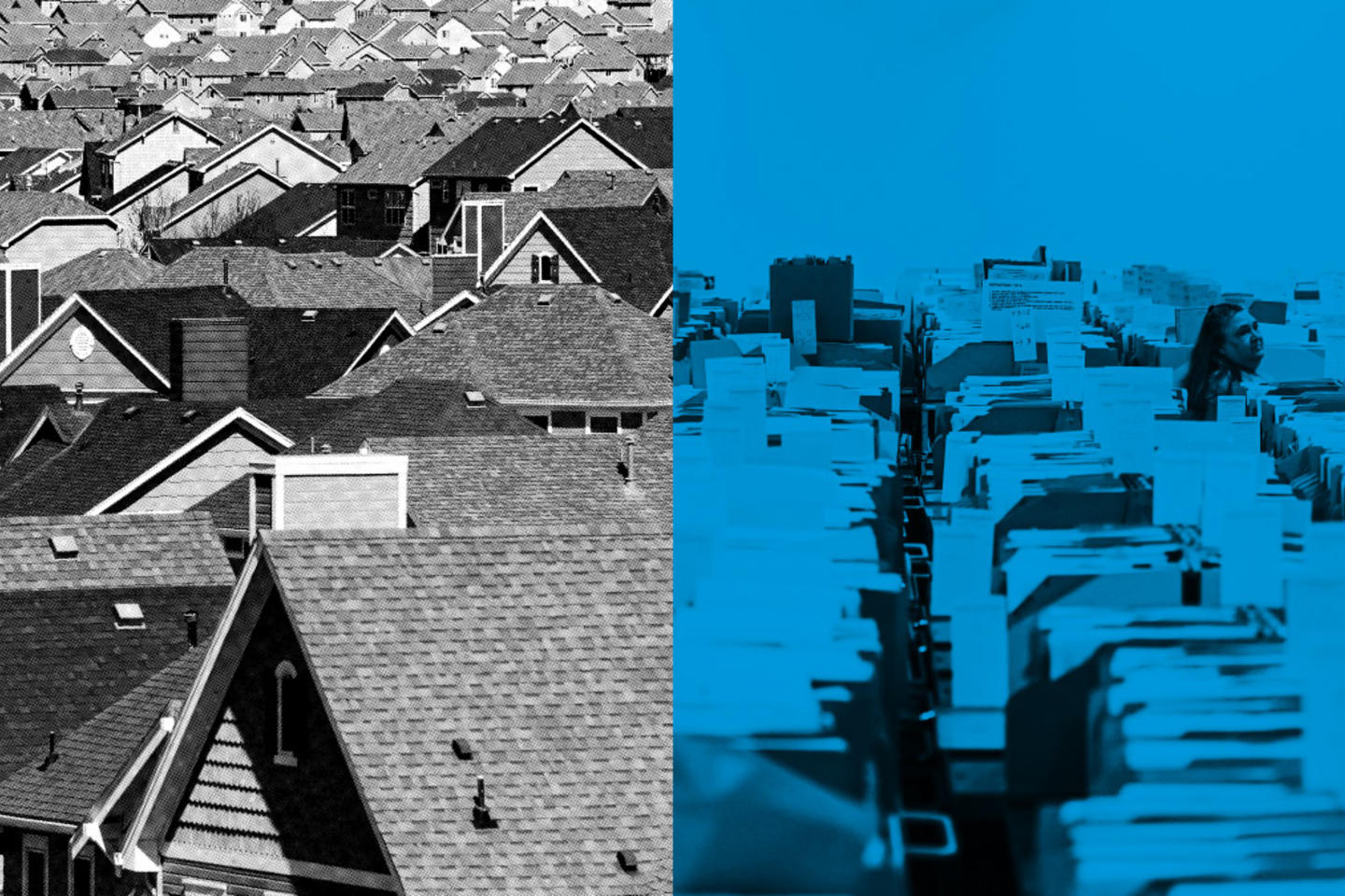 A split screen view of a neighborhood (left) and inside an office (right).