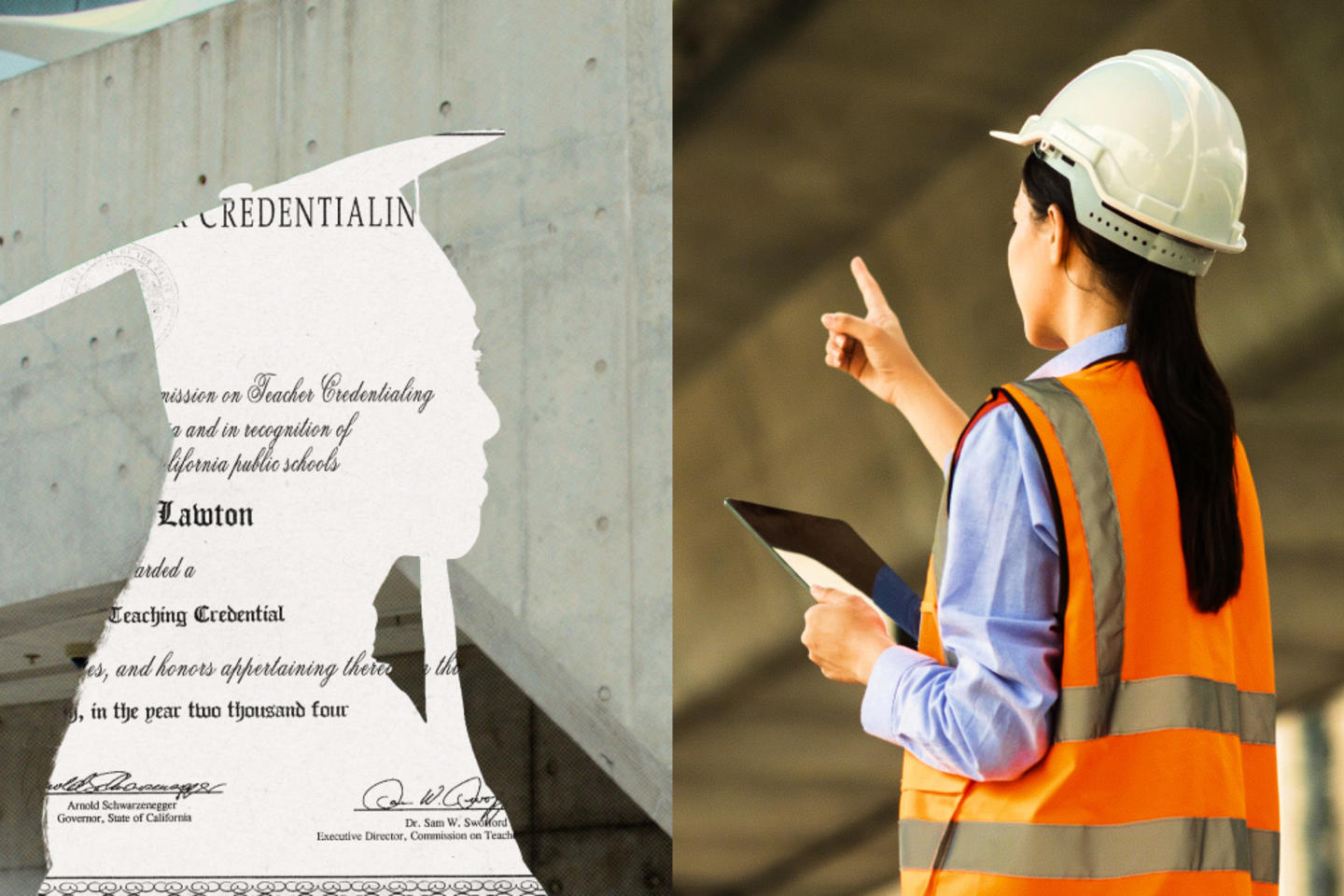 On the left is a credential cut out in the shape of a graduate, while the right shows an image of a woman in a hard hat and safety vest