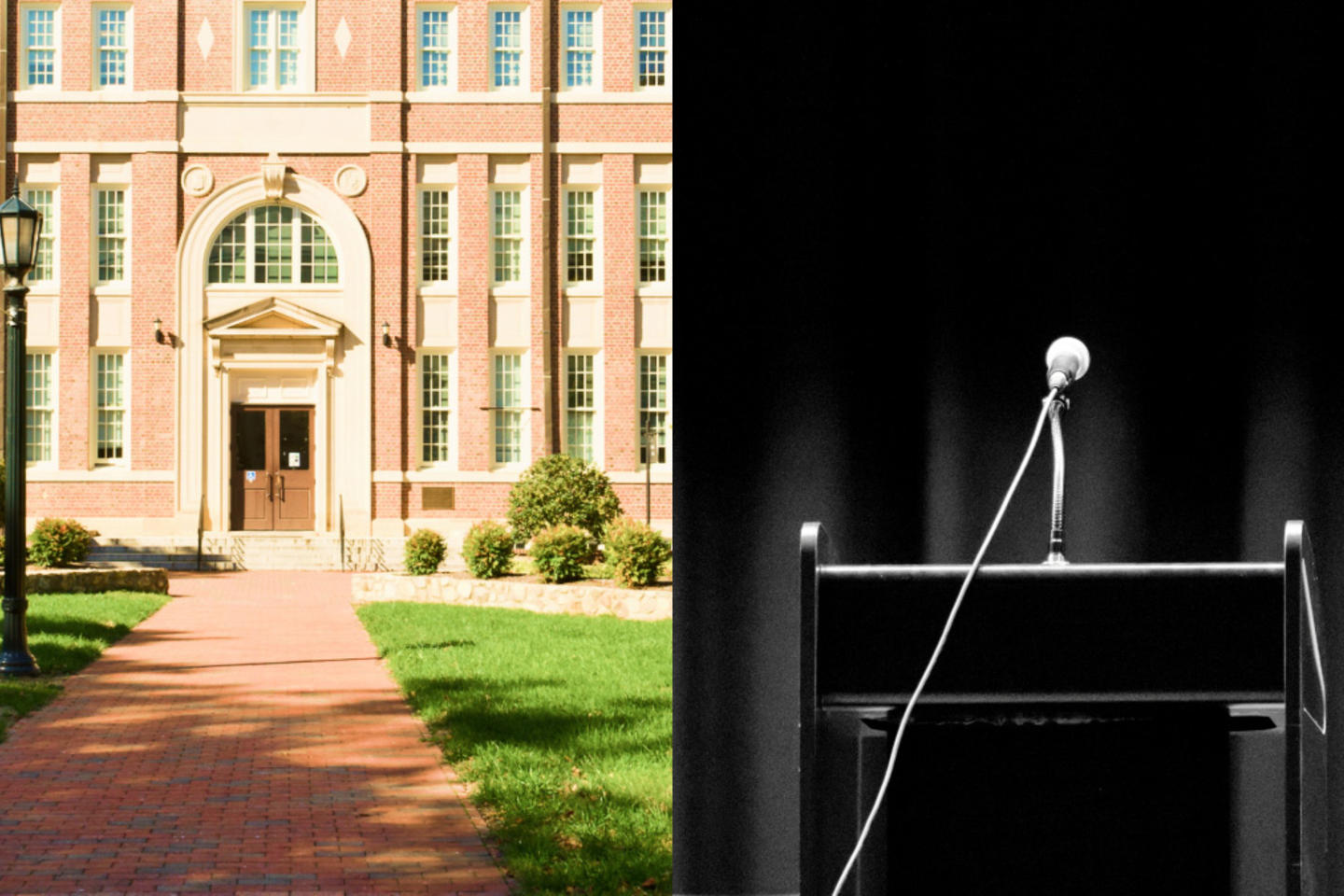 The left image shows the front of a brick building, while the right shows a lectern with a microphone