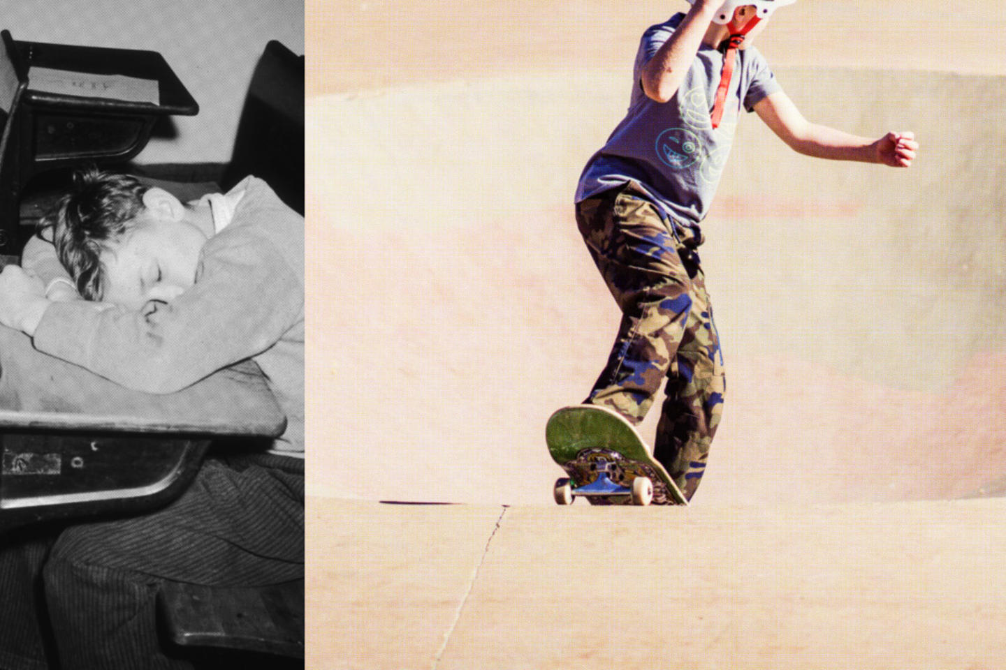 A split image, showing a black-and-white photo on the left of a child asleep at their desk, and a color photo on the right of a child on a skateboard