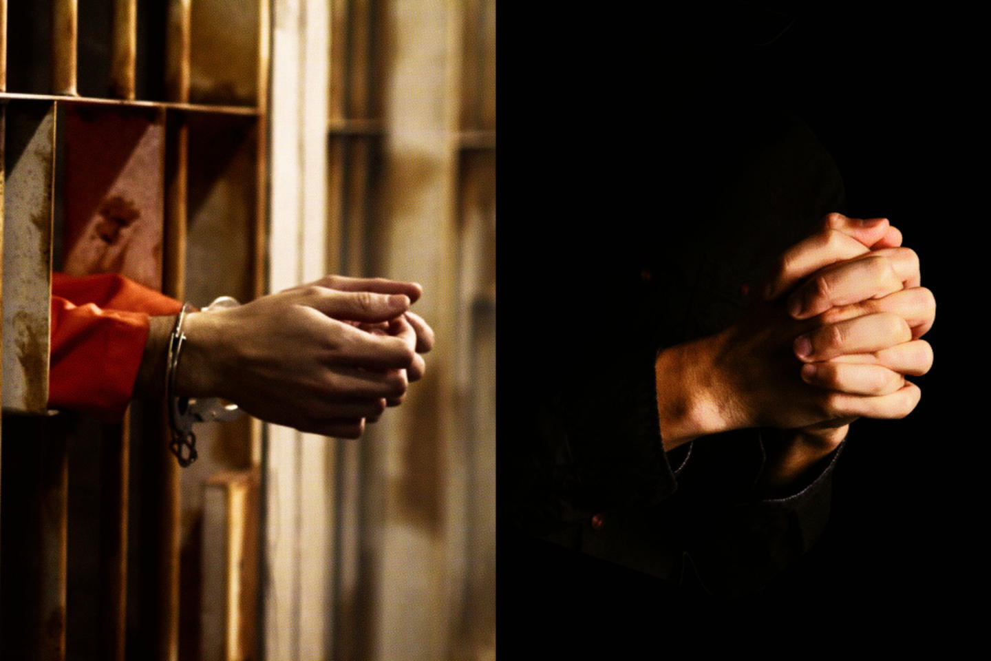 A split image showing a prisoner's hands in cuffs on the left and a person's hands clasped in prayer on the right