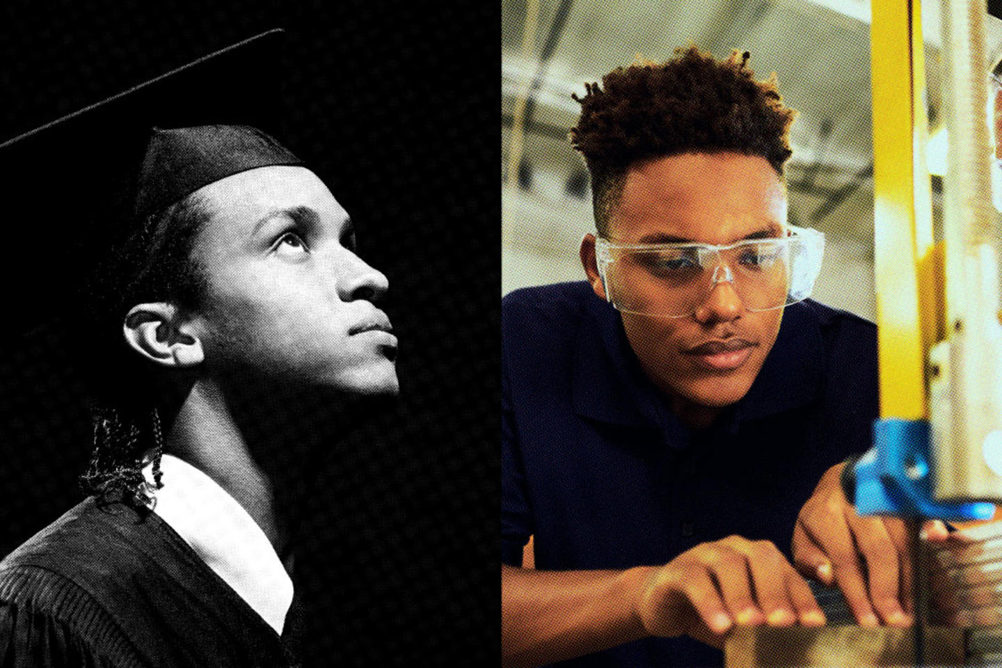 On the left is a black-and-white image of a man in a graduation cap and gown, while on the right is a color image of a man wearing safety glasses