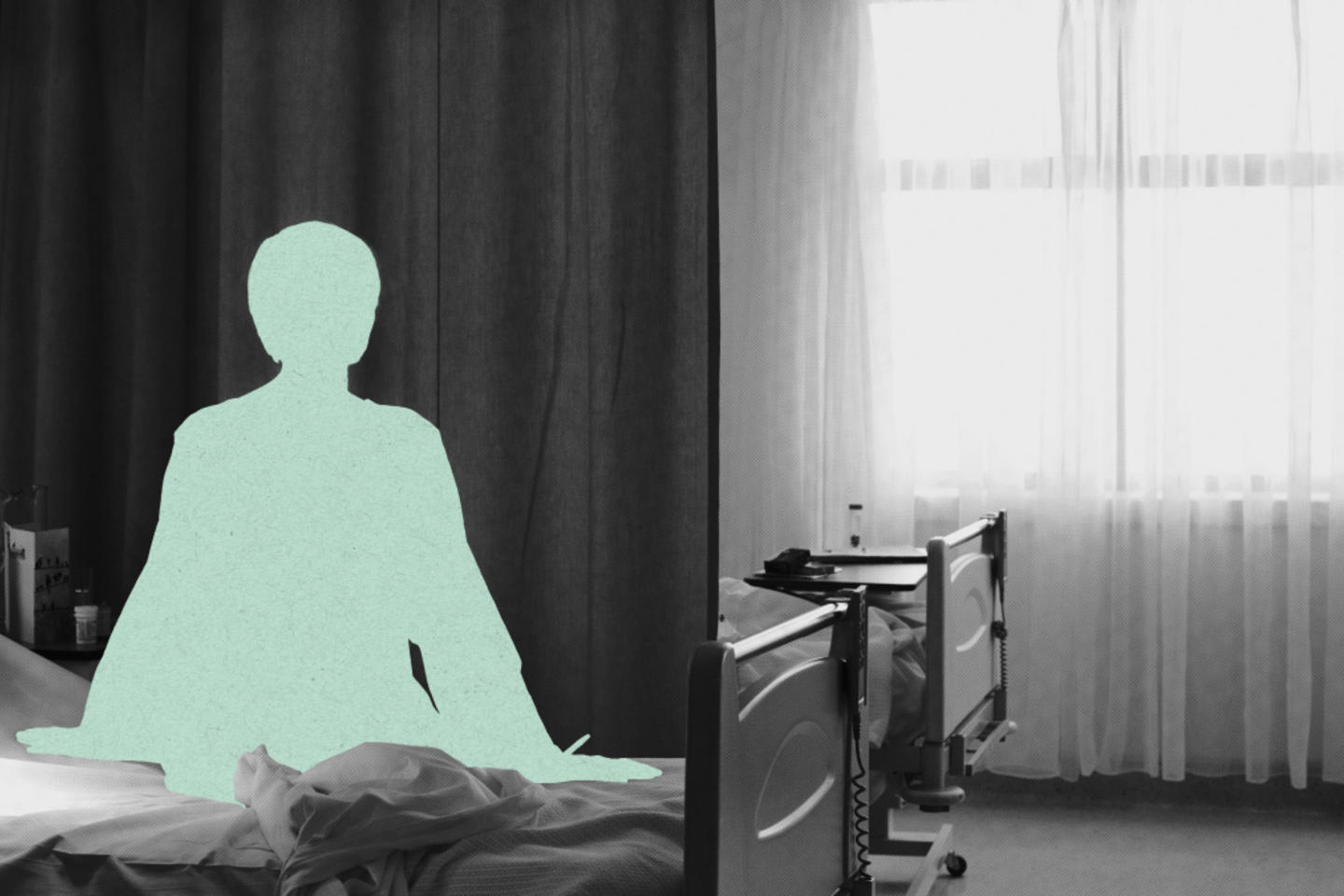 A silhouette of someone with short hair seated on a hospital bed