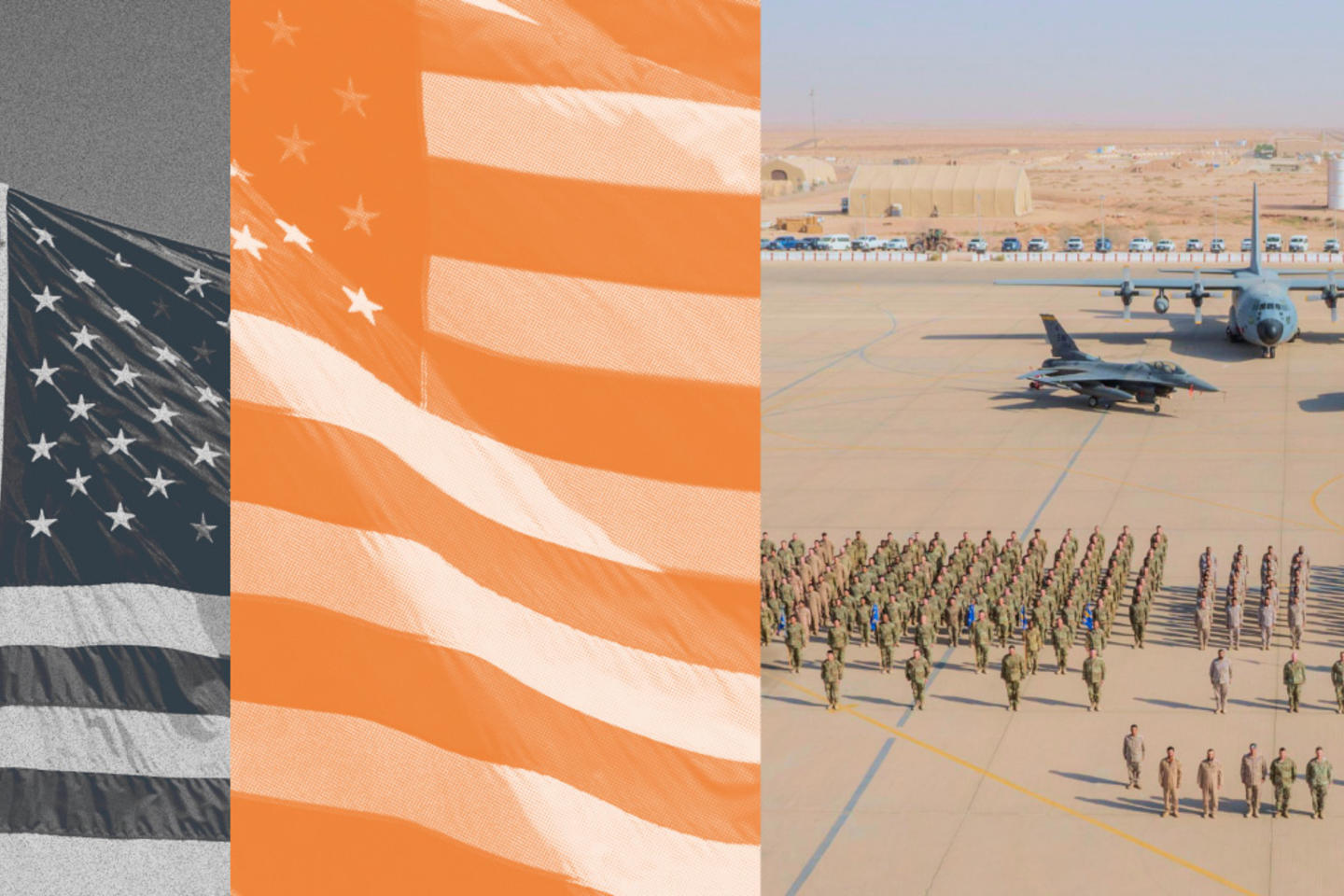 An image showing the American flag and a tarmac with soldiers