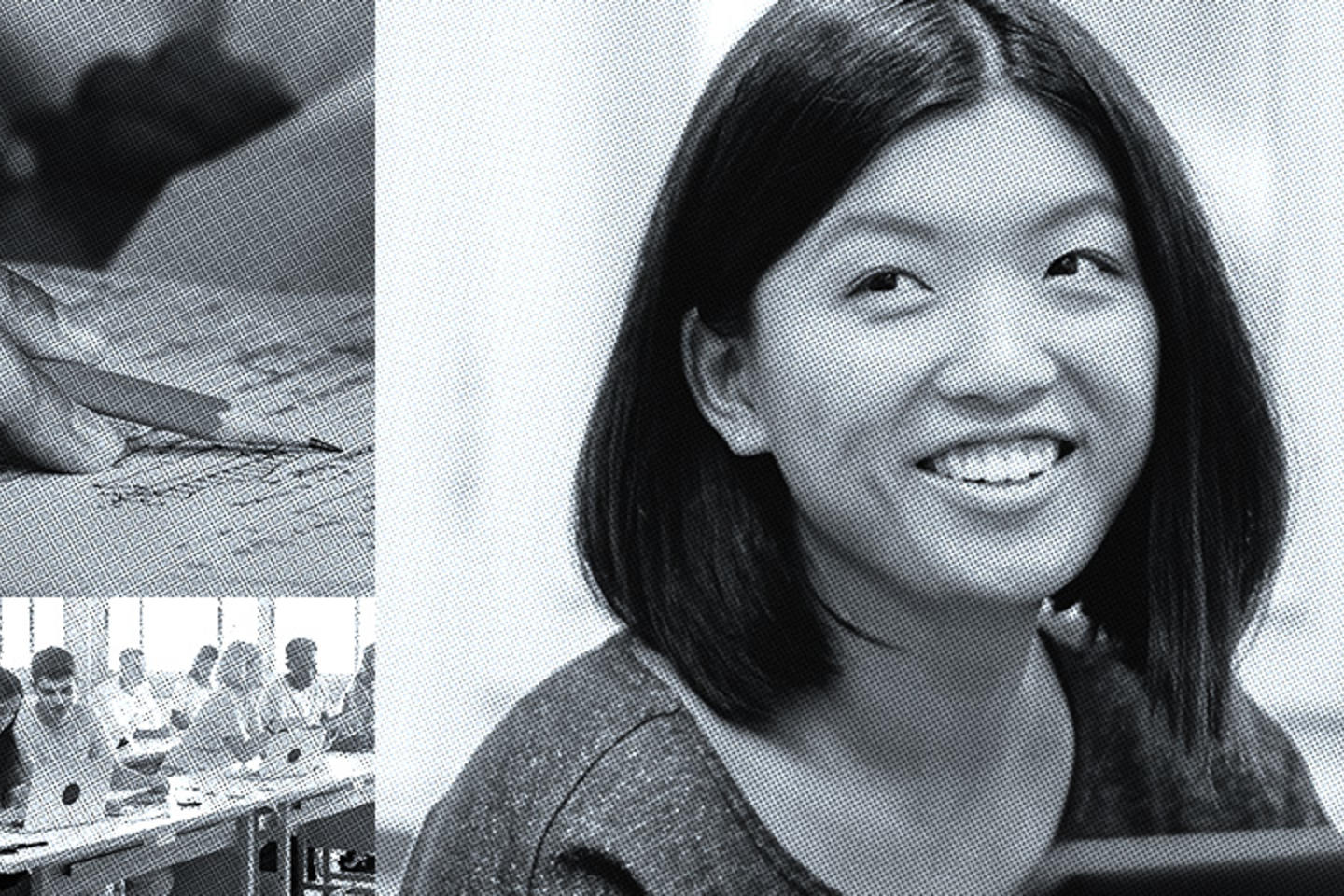 Three photos in black and white, the top left being a pencil against a piece of paper, while bottom left shows two people sharing a laptop in a classroom, and the right shows a young woman's face.