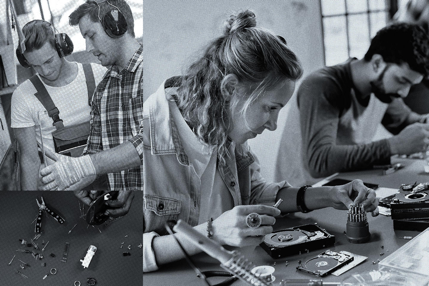 Three black-and-white photos showing different tasks, including electronics repair.