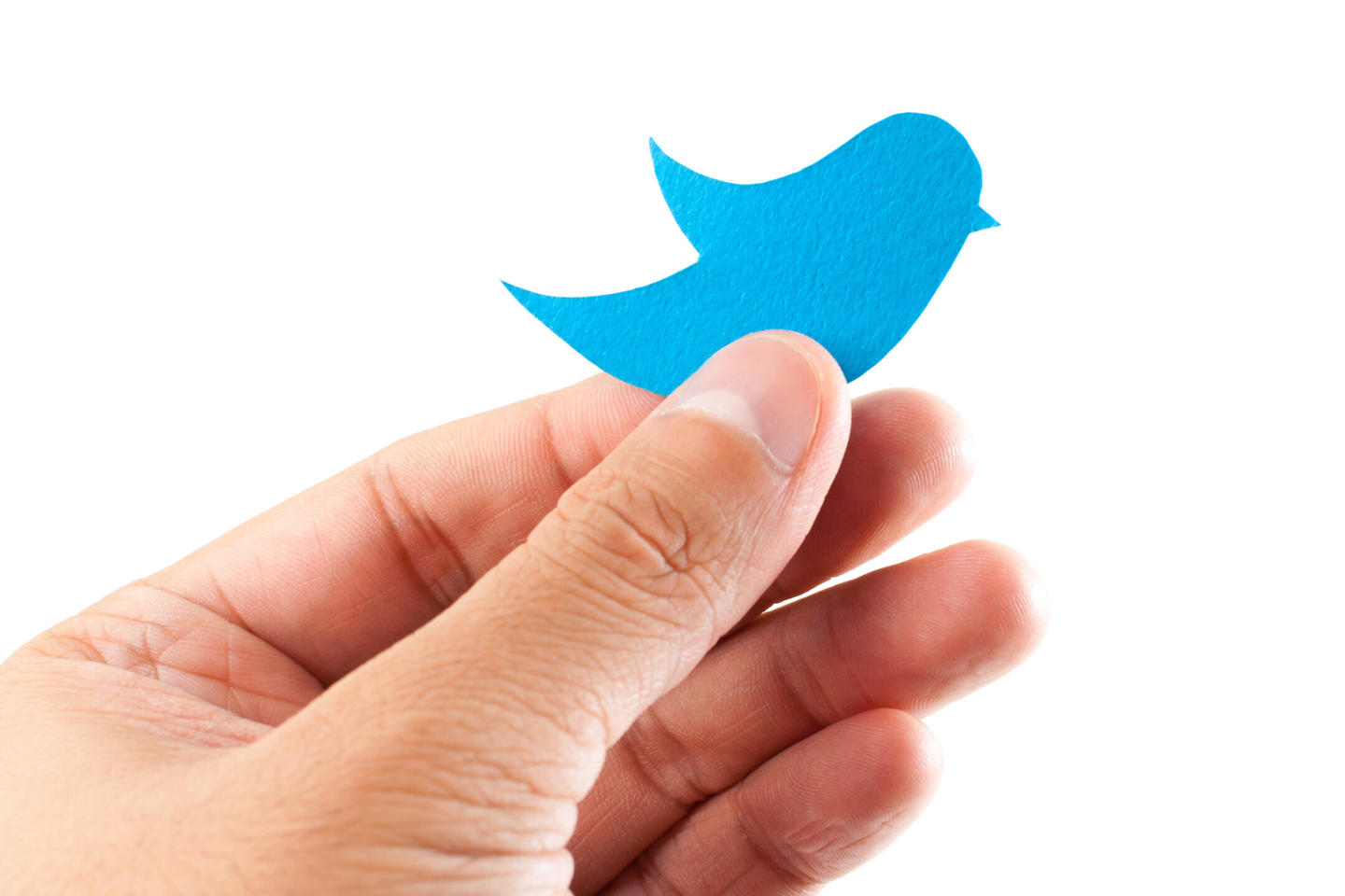 A person holds a cutout of the Twitter logo in their hand.