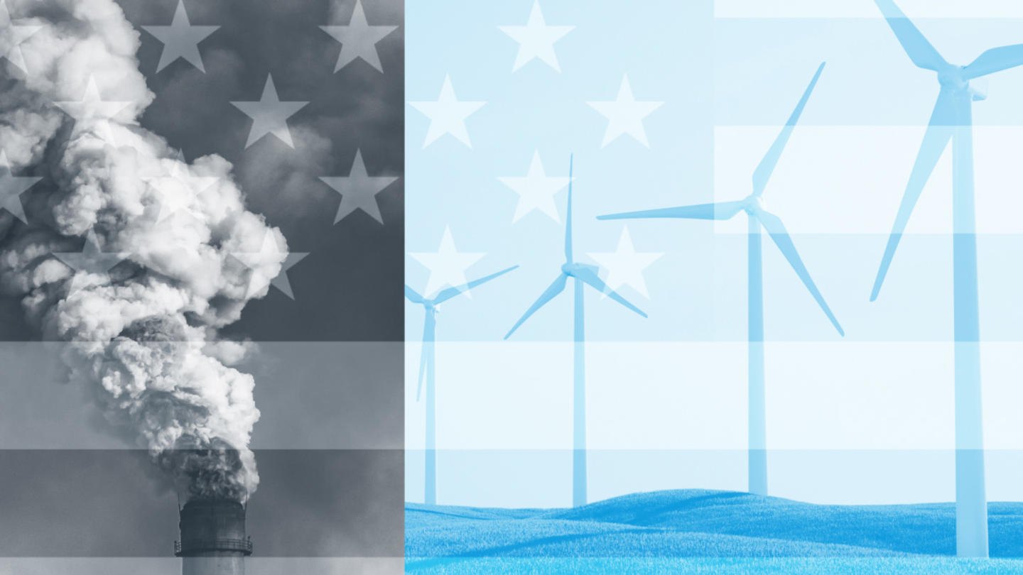 An image of a smokestack and wind turbines overlaid with the American flag