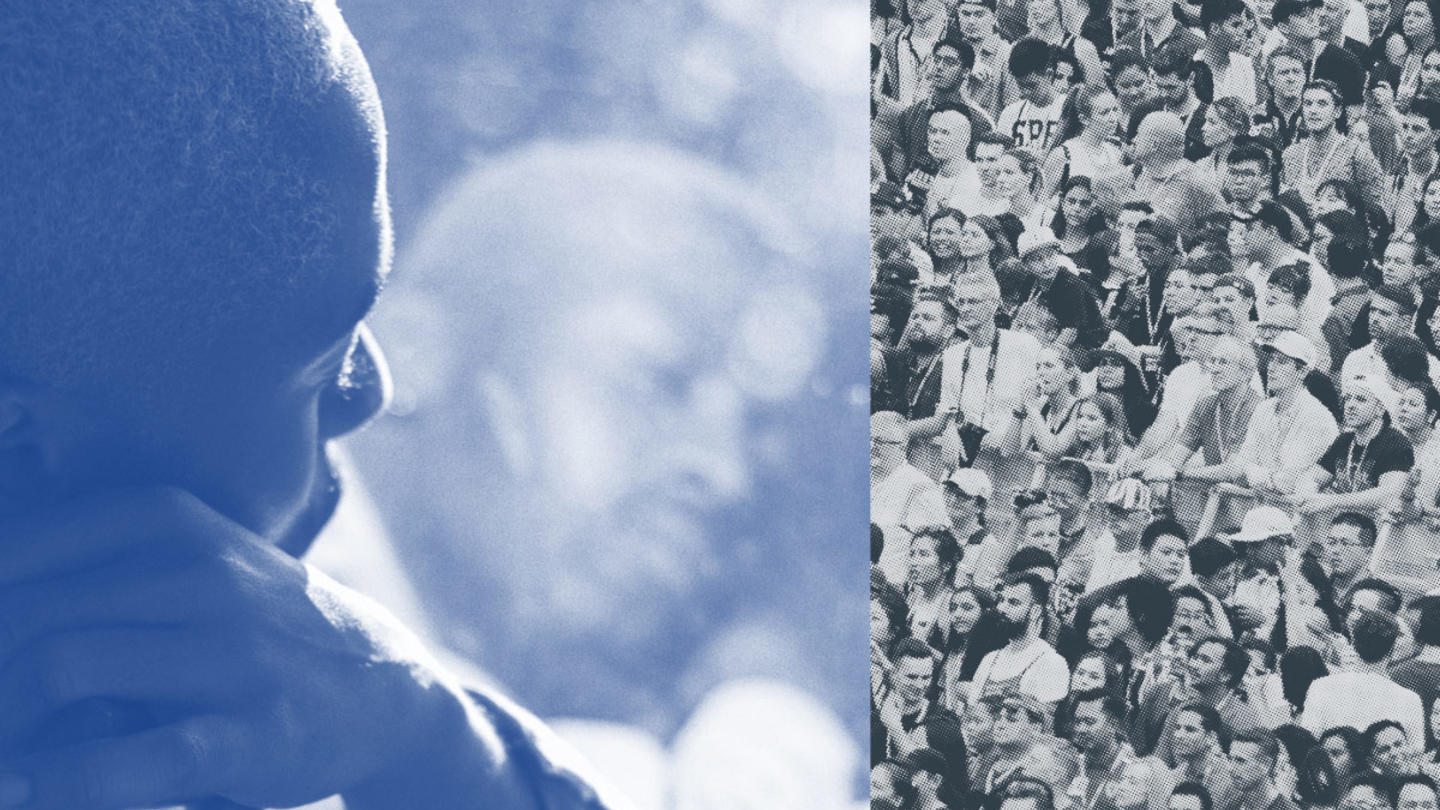 Two photos, side by side, with one showing a person's head in profile in blue and the other showing a black and white image of a crowd.