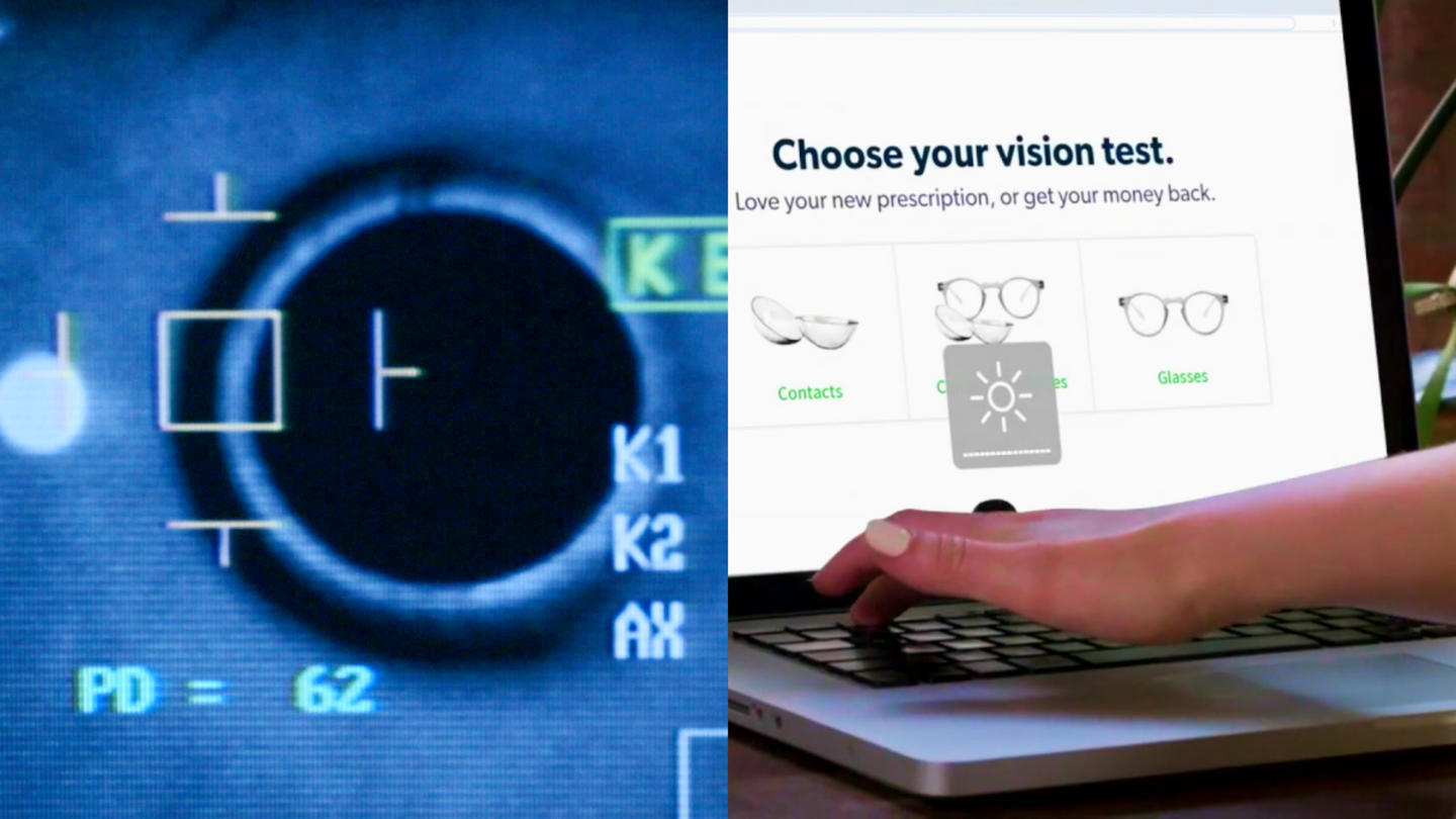 On the left is an image of an eye on a screen and on the right is someone using a keyboard on a laptop that says "Choose your vision test"