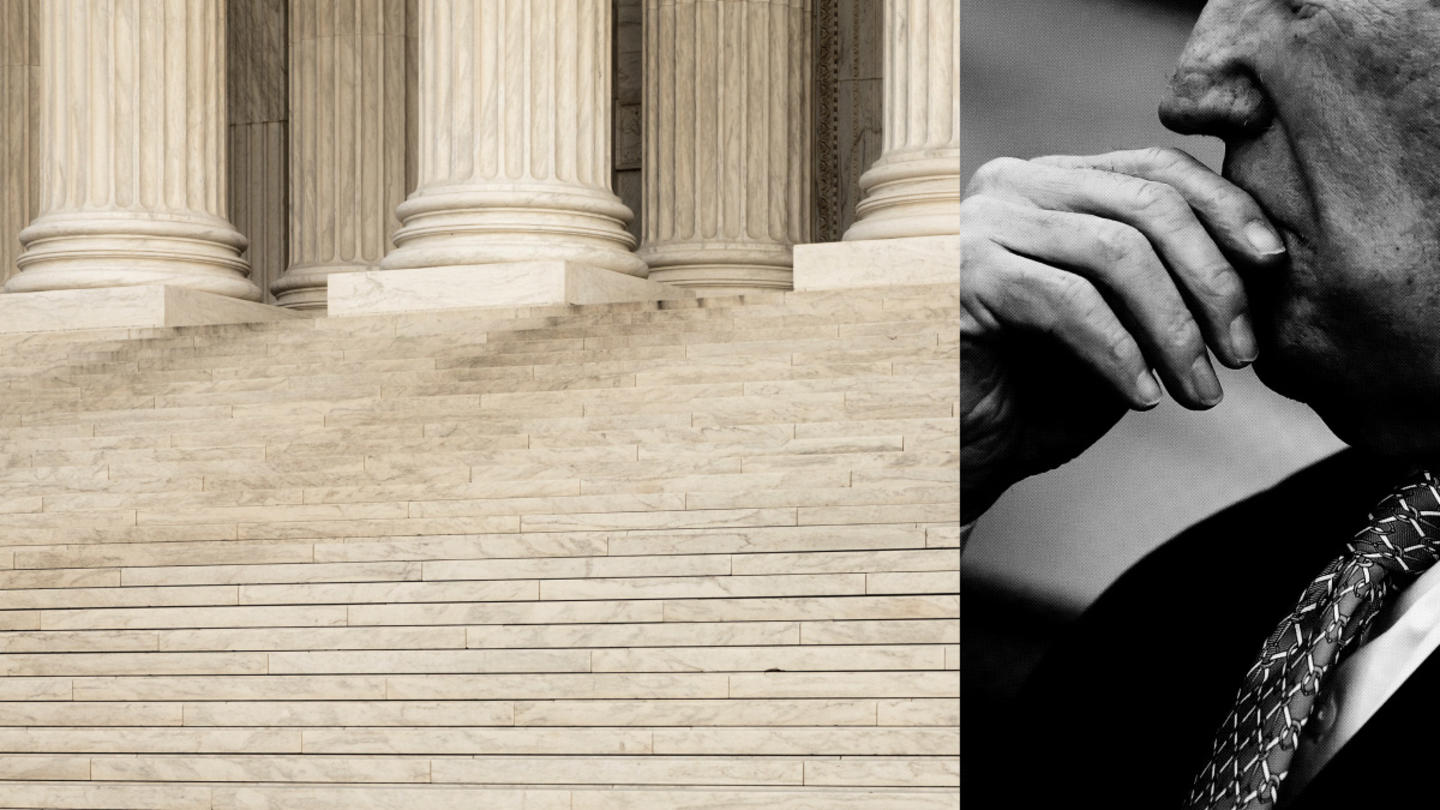 On the left is a color image of the steps of a white building, while the right shows a black-and-white profile of a person holding their hand to their mouth