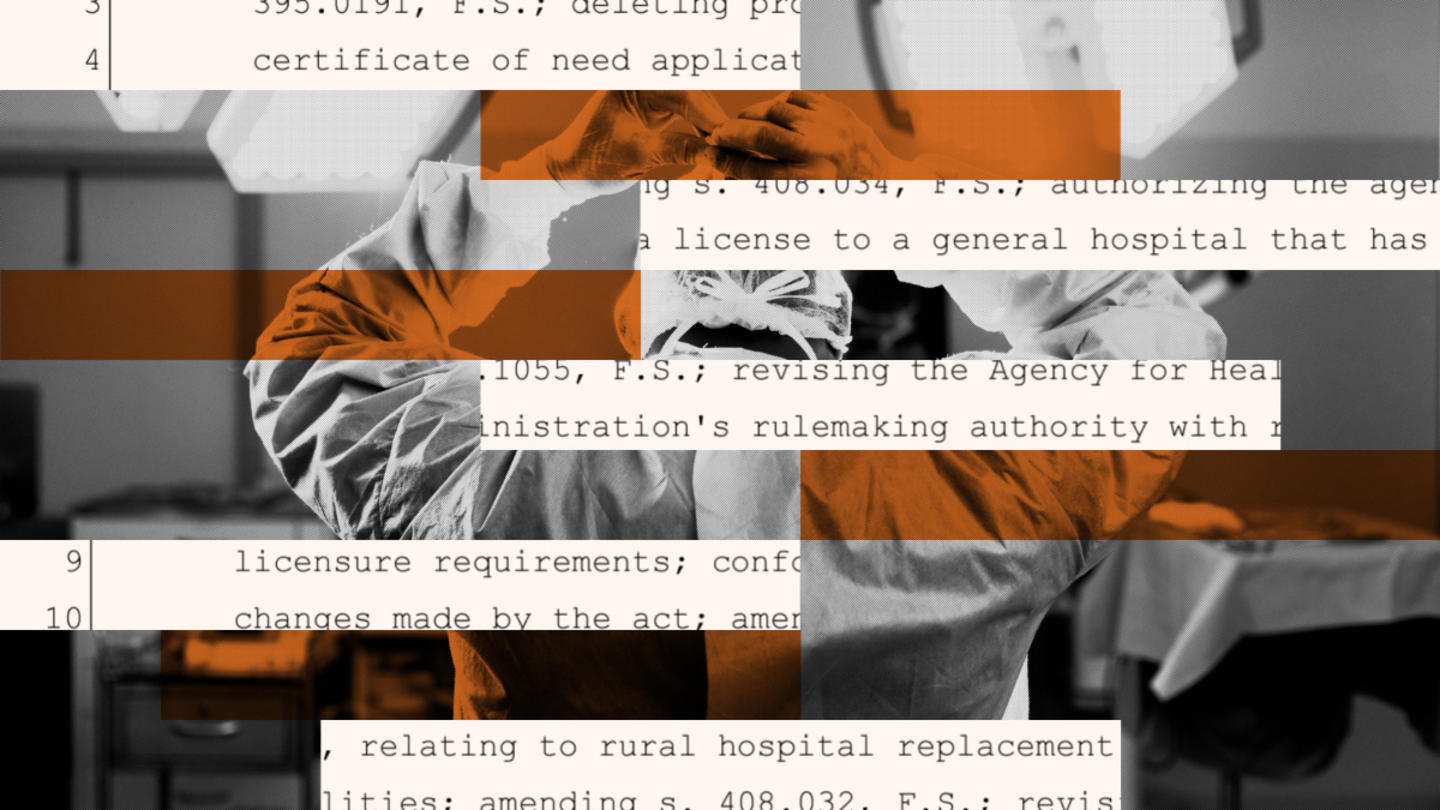 Text describing a certificate of need law is interspersed with the image of a medical professional in scrubs and cap