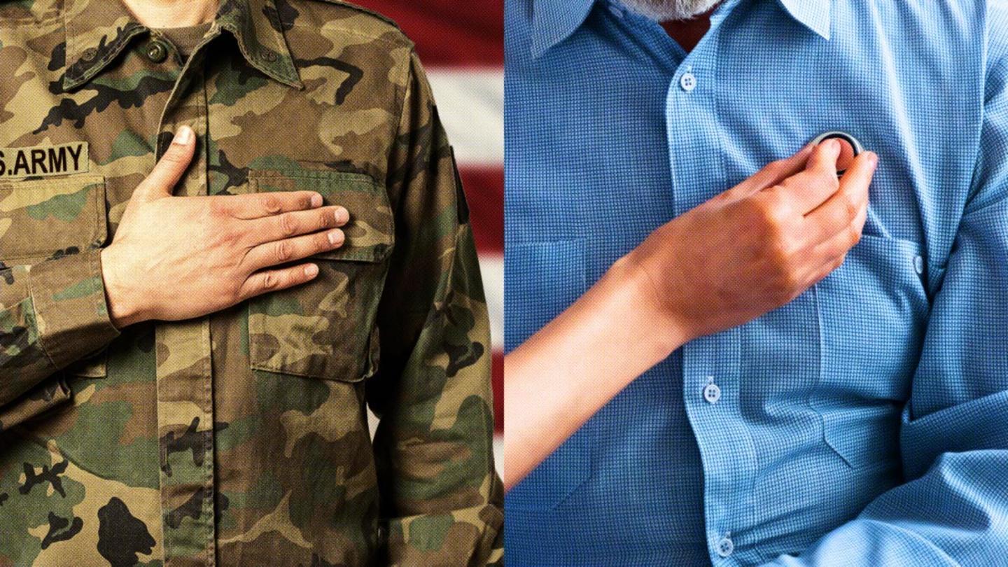 A split image showing someone in a military uniform on the left with their hand over their heart and on the right a person in a regular shirt placing a button in the same place