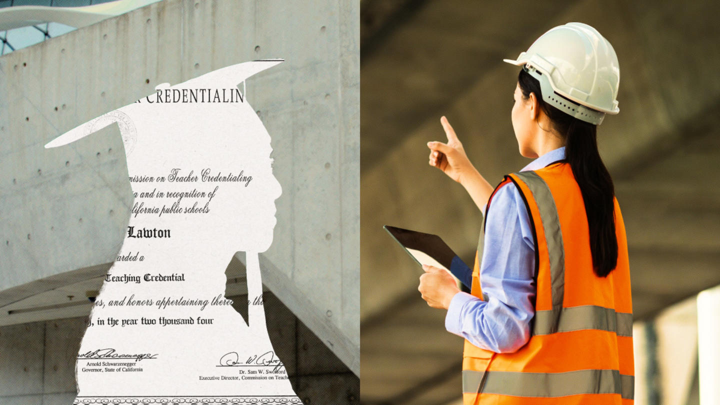 On the left is a credential cut out in the shape of a graduate, while the right shows an image of a woman in a hard hat and safety vest