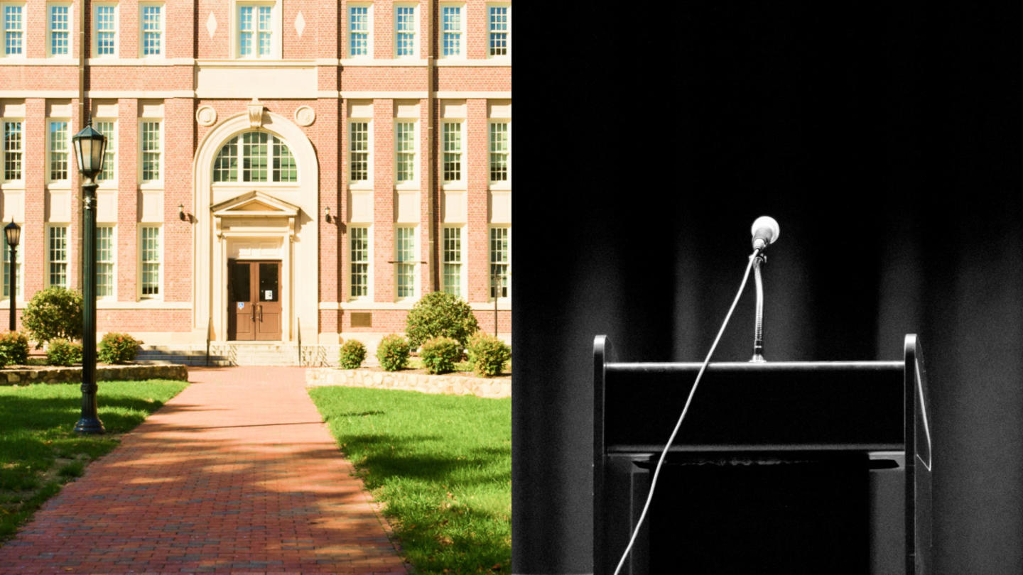 The left image shows the front of a brick building, while the right shows a lectern with a microphone