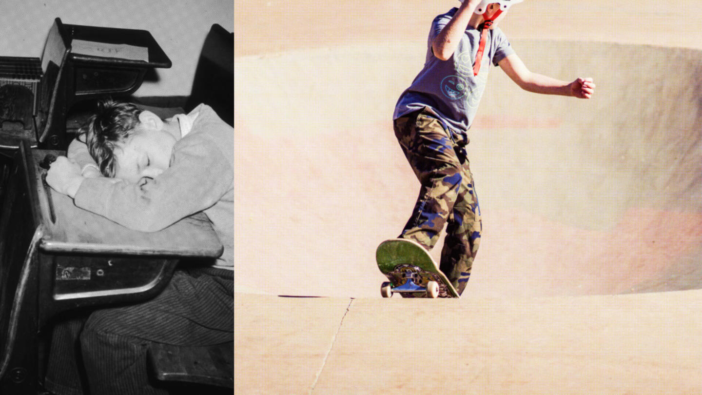 A split image, showing a black-and-white photo on the left of a child asleep at their desk, and a color photo on the right of a child on a skateboard