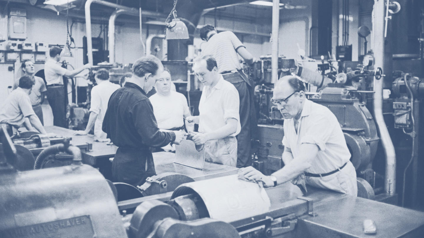 A black-and-white photo of a newspaper's printing room