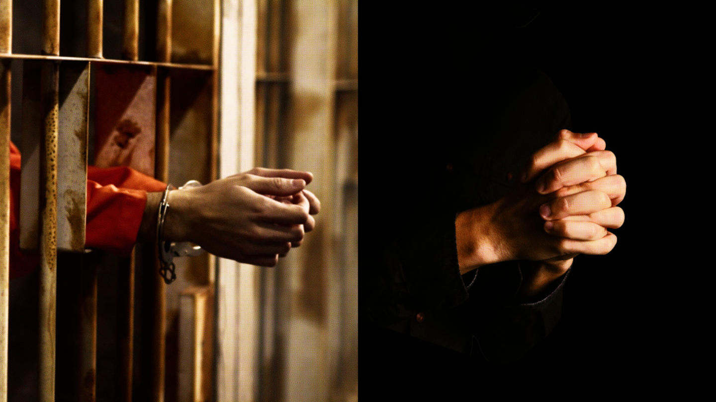 A split image showing a prisoner's hands in cuffs on the left and a person's hands clasped in prayer on the right