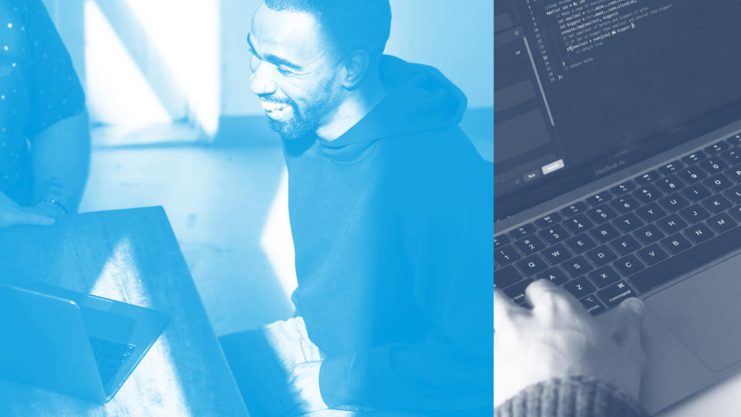 Two images: One, in blue, shows a person with a laptop laughing, while the other, in black and white, shows someone's hand on a laptop keyboard.