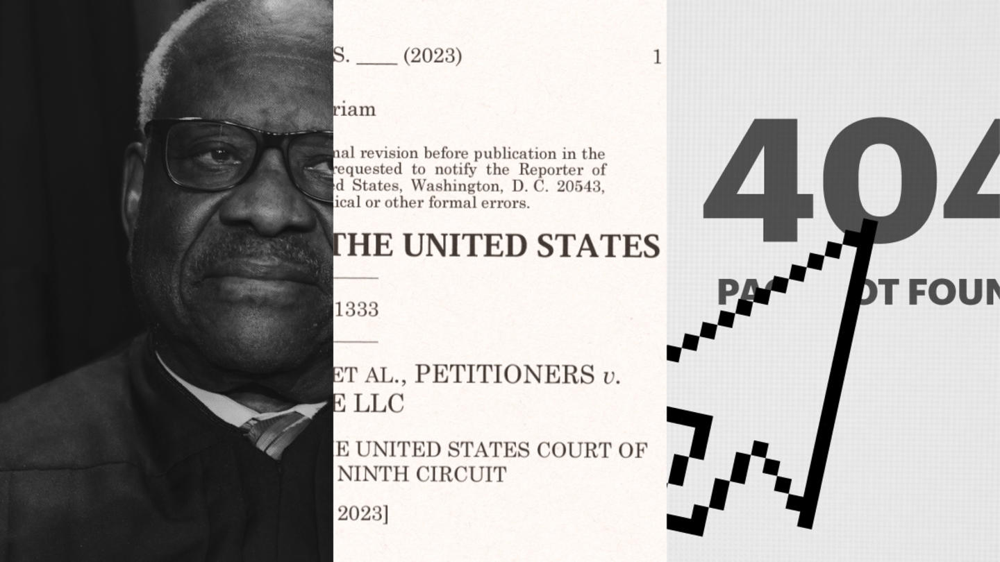 A picture split into thirds, with one piece showing Supreme Court Justice Clarence Thomas, another showing a court case, and the third showing a 404 webpage