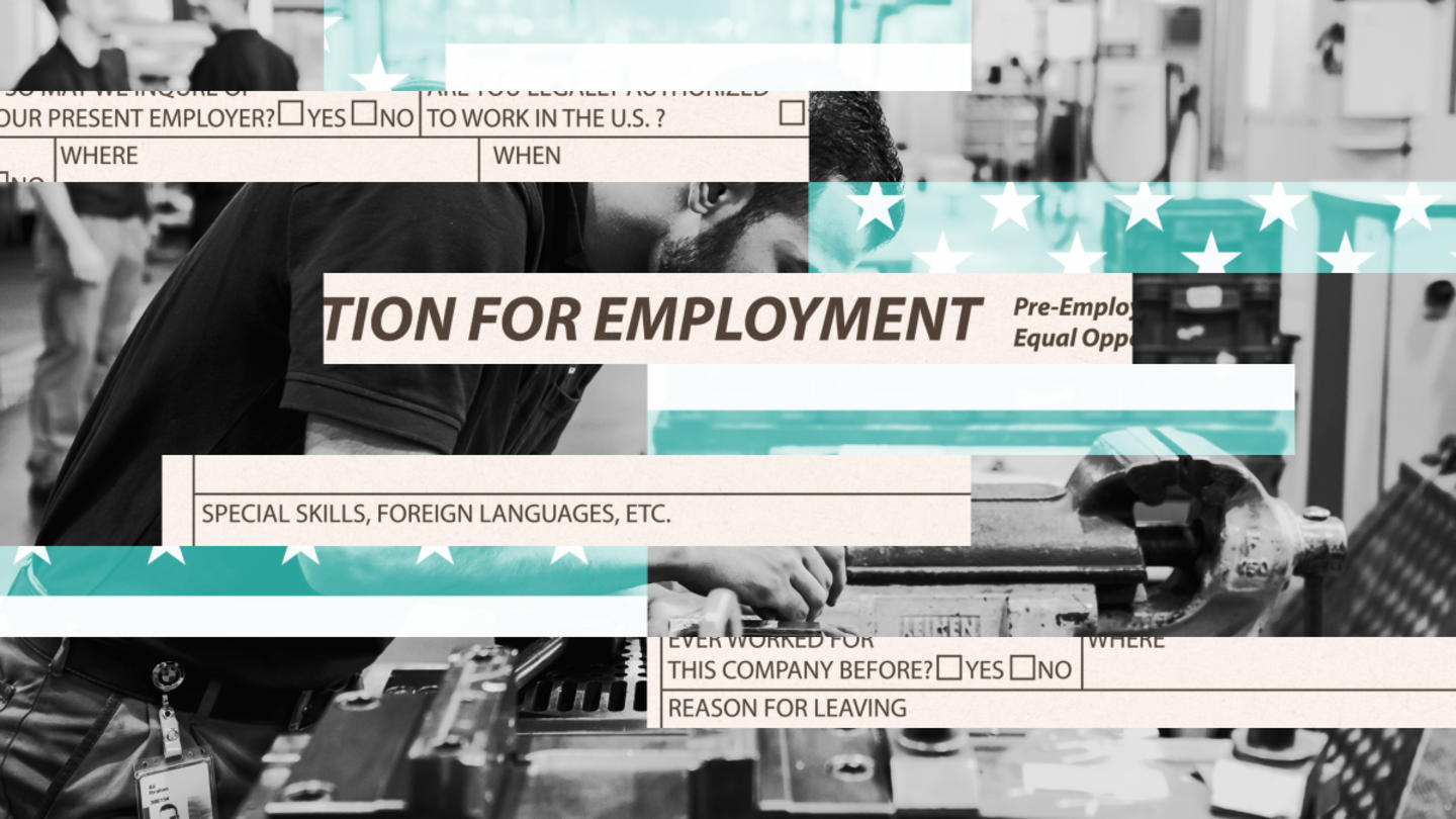 An image showing pieces of an application for employment interspersed with the American flag and a person using shop equipment