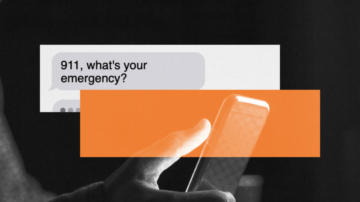 The image shows a text message that says "911 What's your emergency?" and a person holding a smartphone
