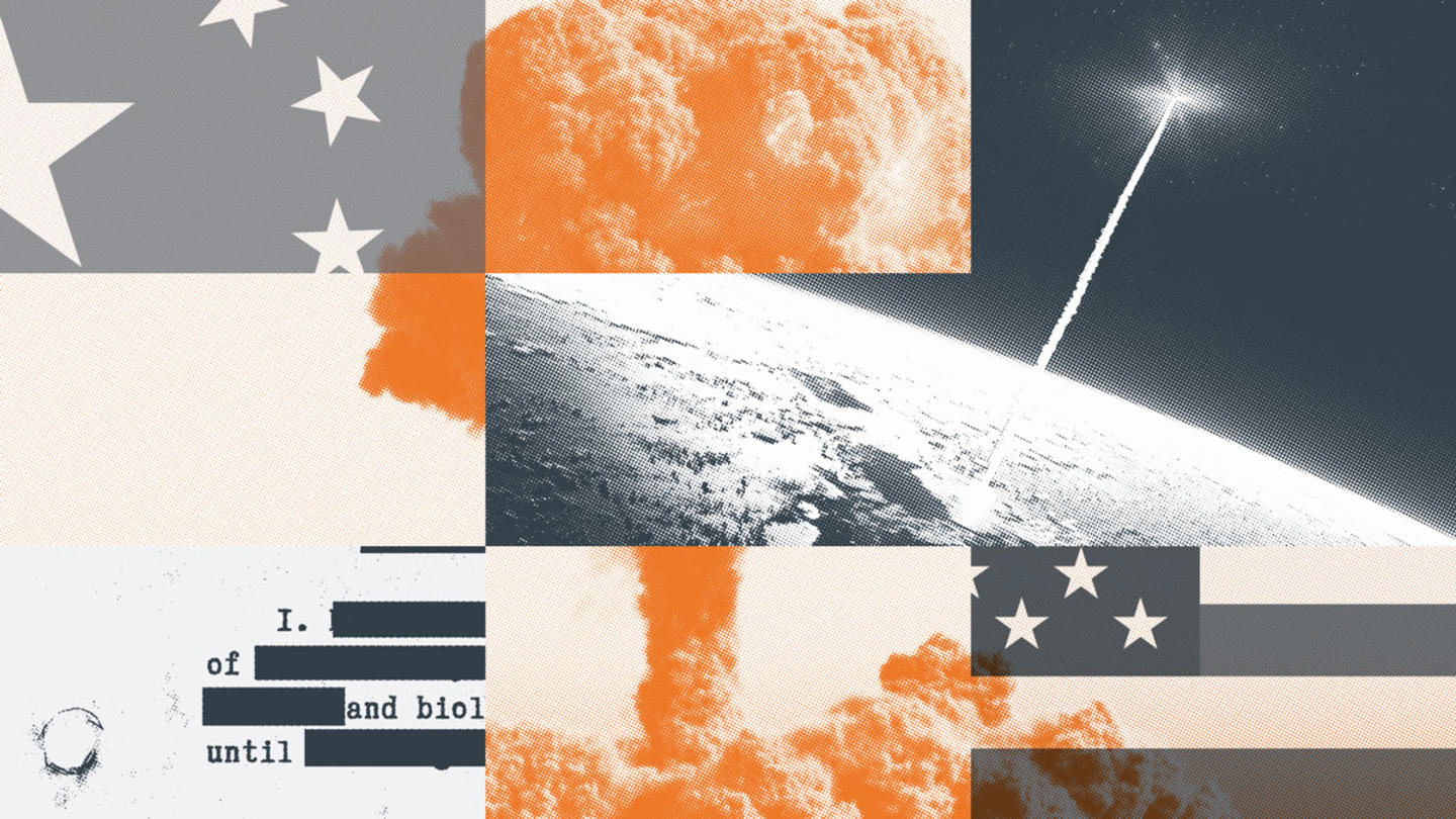 Images of a mushroom cloud and warhead in space interspersed with shots of the U.S. and Chinese flags.