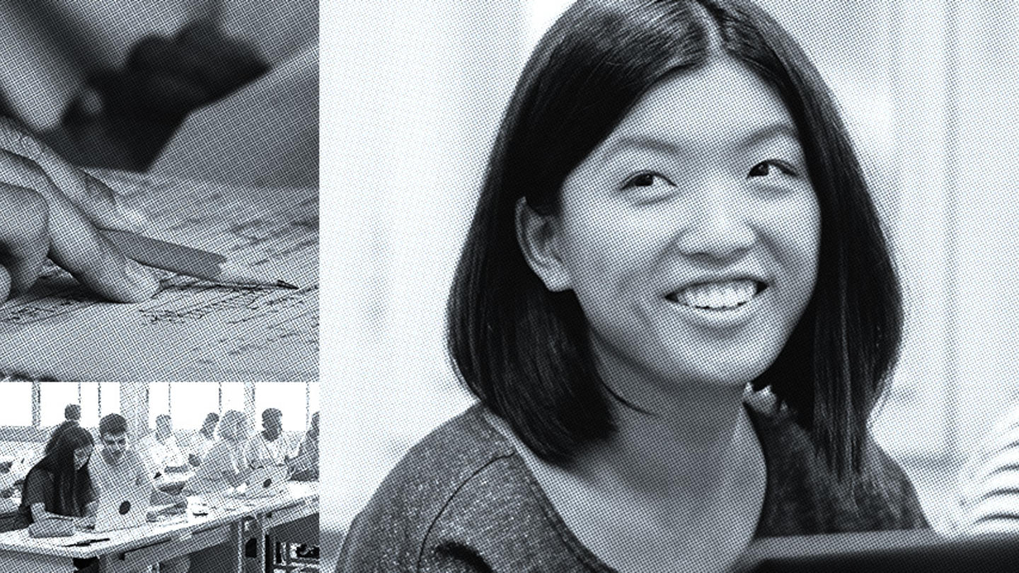 Three photos in black and white, the top left being a pencil against a piece of paper, while bottom left shows two people sharing a laptop in a classroom, and the right shows a young woman's face.