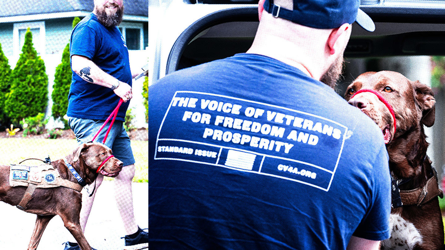 Two images side by side of a man working with a service dog. The back of his shirt says "the voice of veterans for freedom and prosperity."