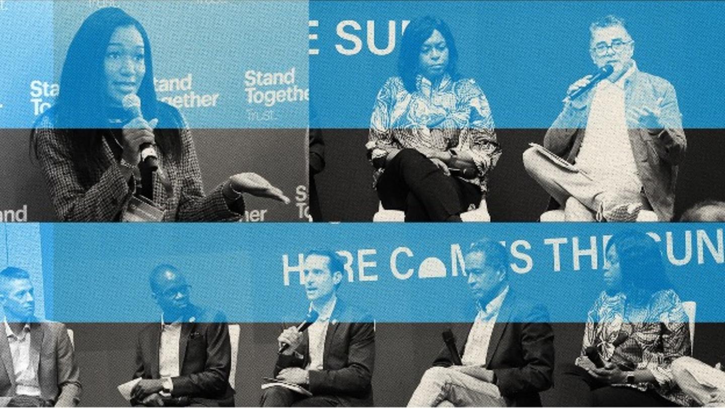 A collage of people sitting in chairs speaking during a conference.