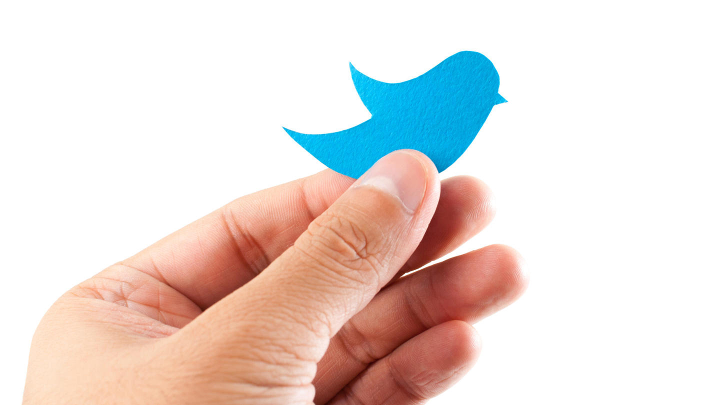 A person holds a cutout of the Twitter logo in their hand.