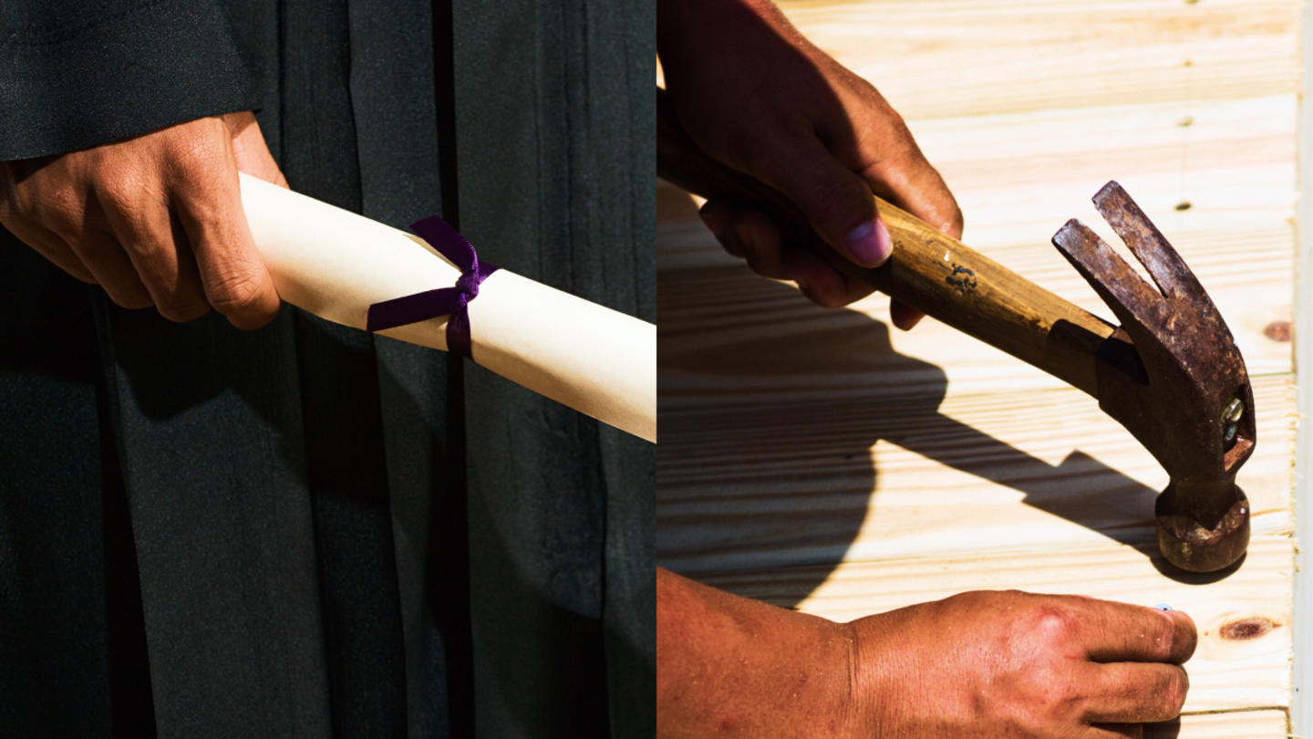 A collage two photos side-by-side: One shows a student holding a degree in their hand. The othershows a person hammering a nail into a piece of wood.