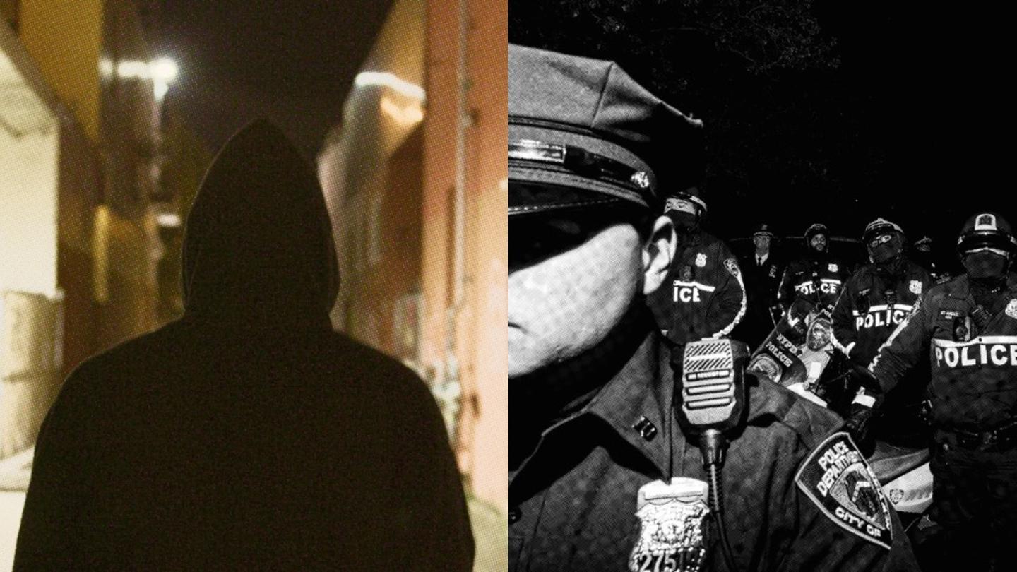 Collage of a person walking down a dark street and a police officer