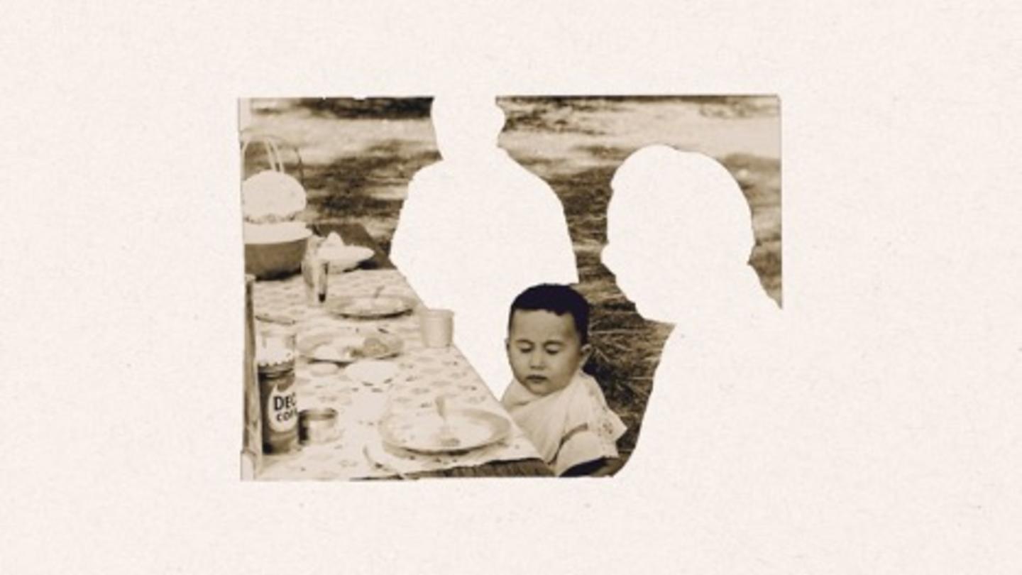 A stylized image showing a child sitting at a picnic table with both parents missing.