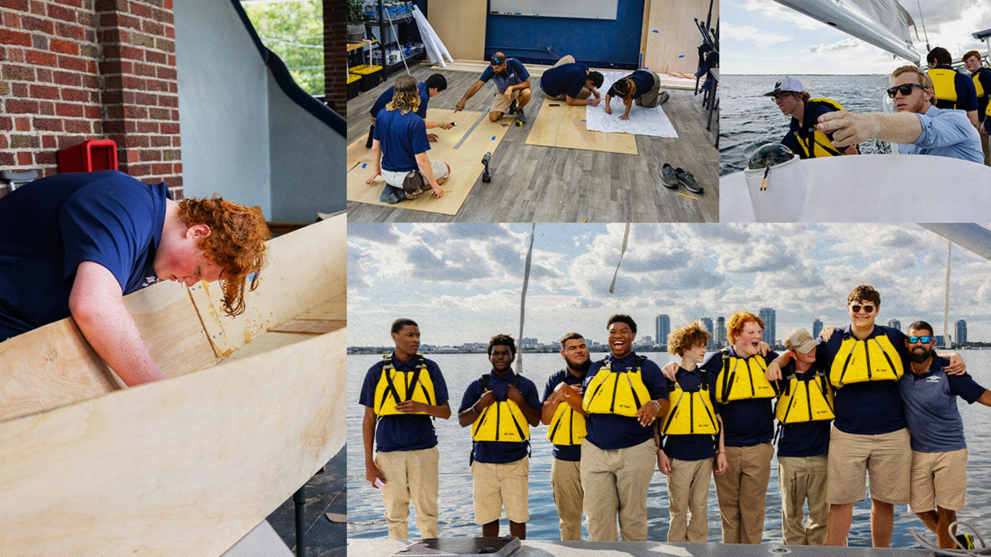 Photo collage of SailFuture students building a sailboat and out at sea