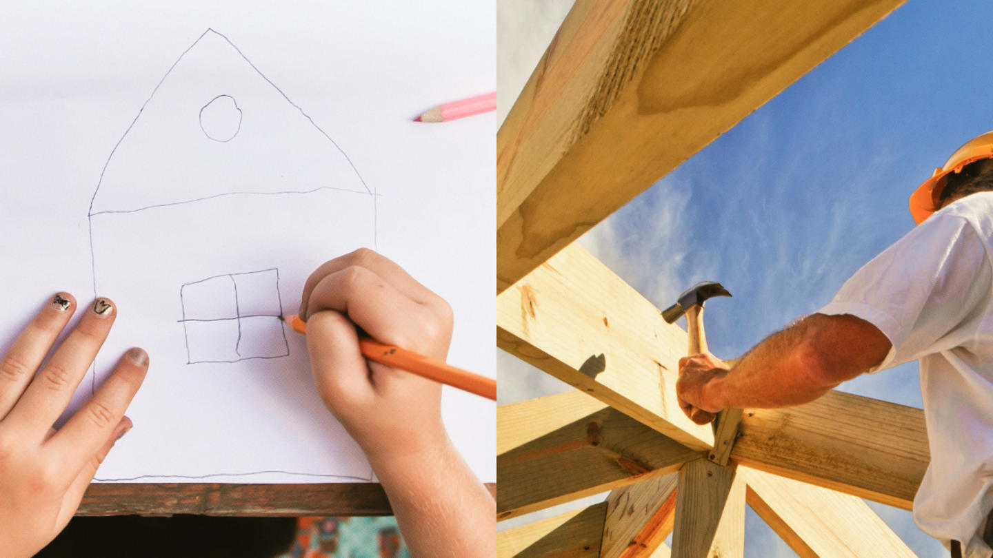 Photo collage of a student drawing a house and a person building a house