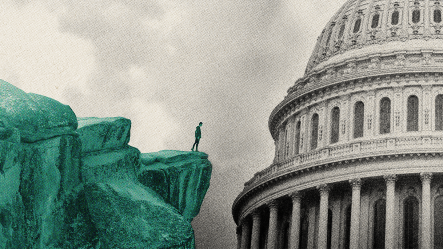 A stylized image of a person on the edge of a cliff facing the U.S. Capitol