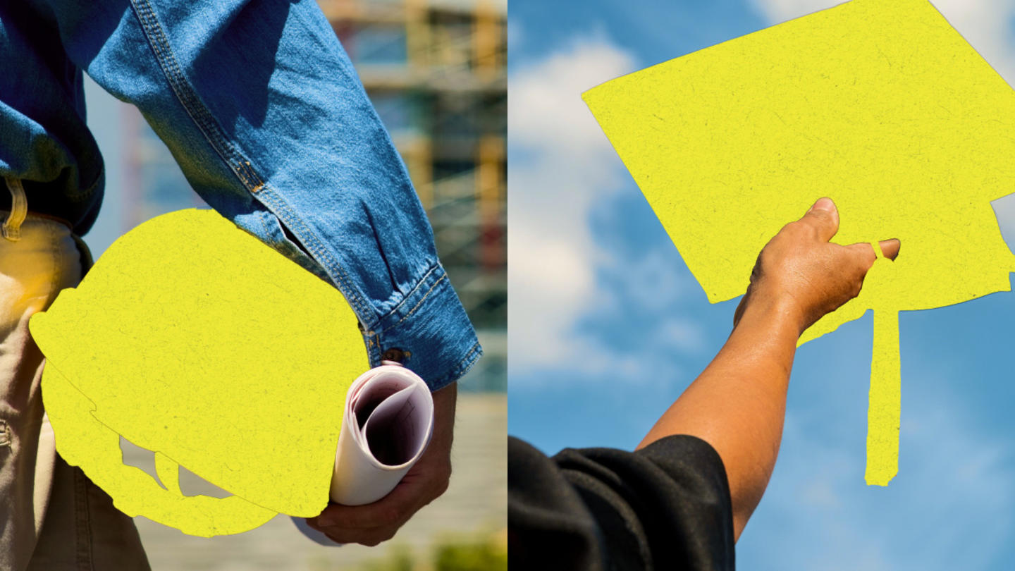 A stylized image of a person holding a hardhat and another holding a graduation cap