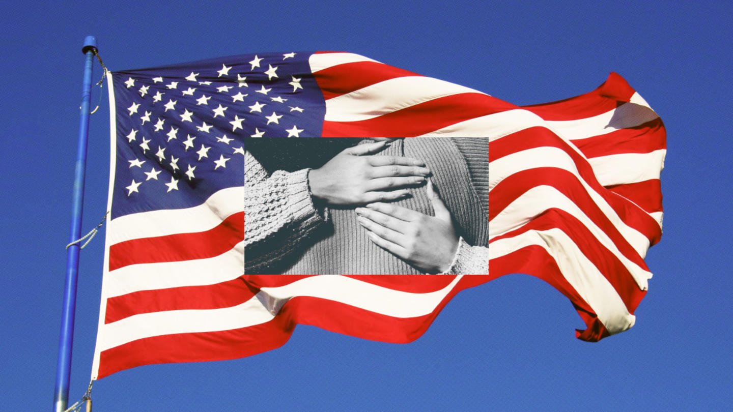 Imagery of an american flag collage with black and white photo of hands