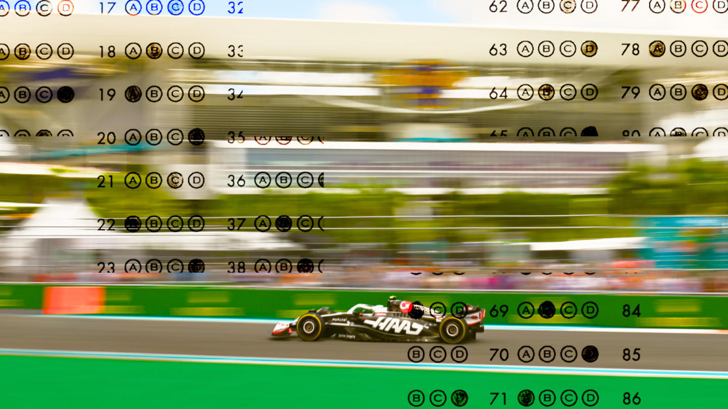 A blurred photo implying speed of  formula 1 race overlaid with scantron bubbles