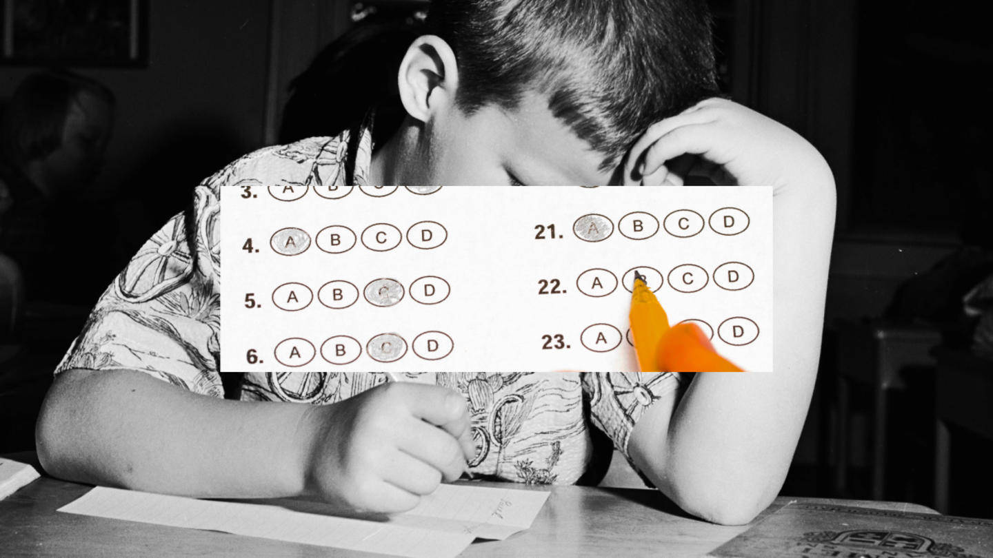 A black and white photo of a young kid looking stressed out about taking a standardized test. A section of a scantron is overlaid across his face.